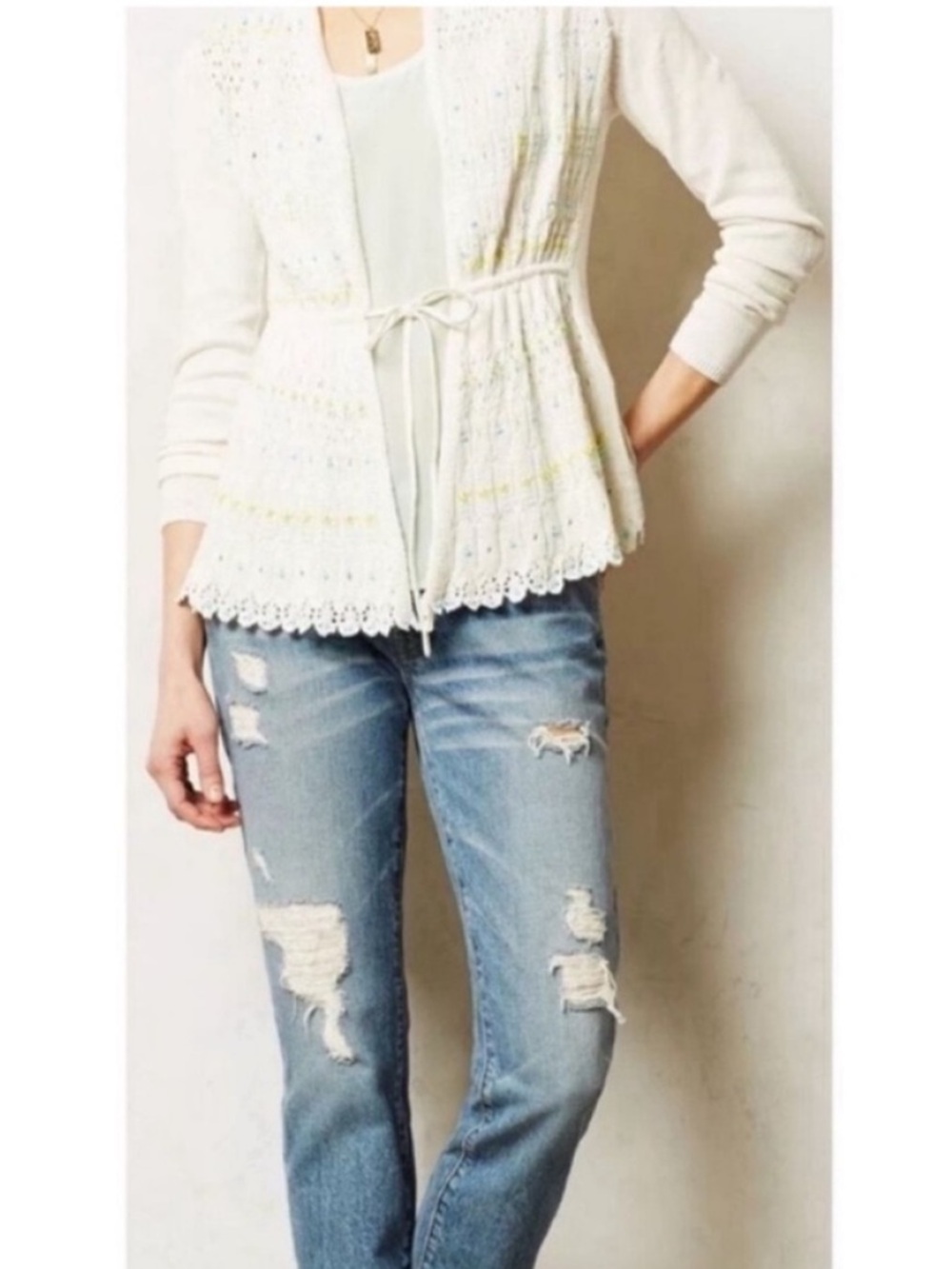 Anthropologie 💮 Moth Cream Lace-Trim Tie-Waist Cardigan
